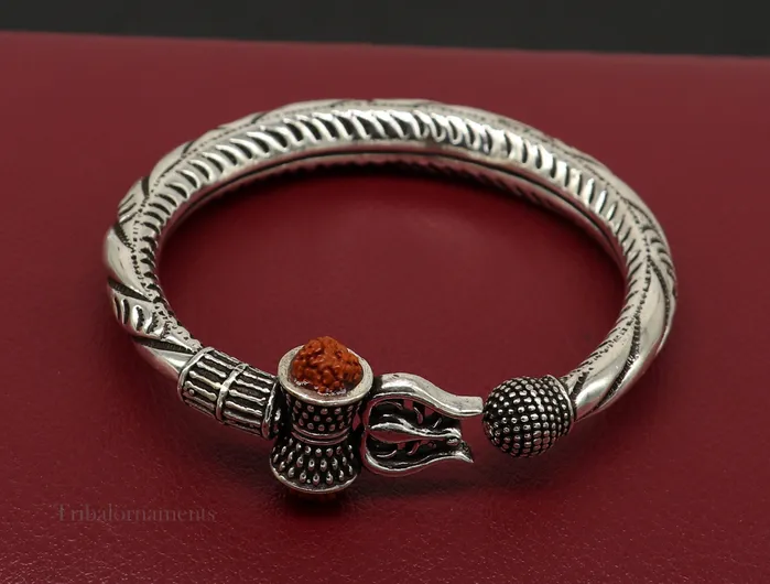 TRIBAL ORNAMENTS Bracelets 925 Sterling silver handmade chitai work Lord Shiva trident trishul kada bangle bracelet with natural Rudraksha customized kada nssk470