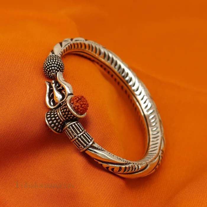 TRIBAL ORNAMENTS Bracelets 925 Sterling silver handmade chitai work Lord Shiva trident trishul kada bangle bracelet with natural Rudraksha customized kada nssk470