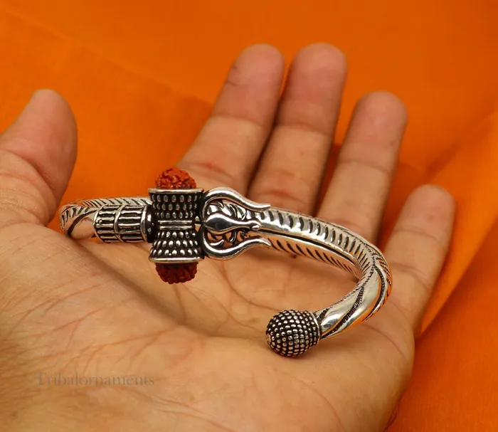 TRIBAL ORNAMENTS Bracelets 925 Sterling silver handmade chitai work Lord Shiva trident trishul kada bangle bracelet with natural Rudraksha customized kada nssk470