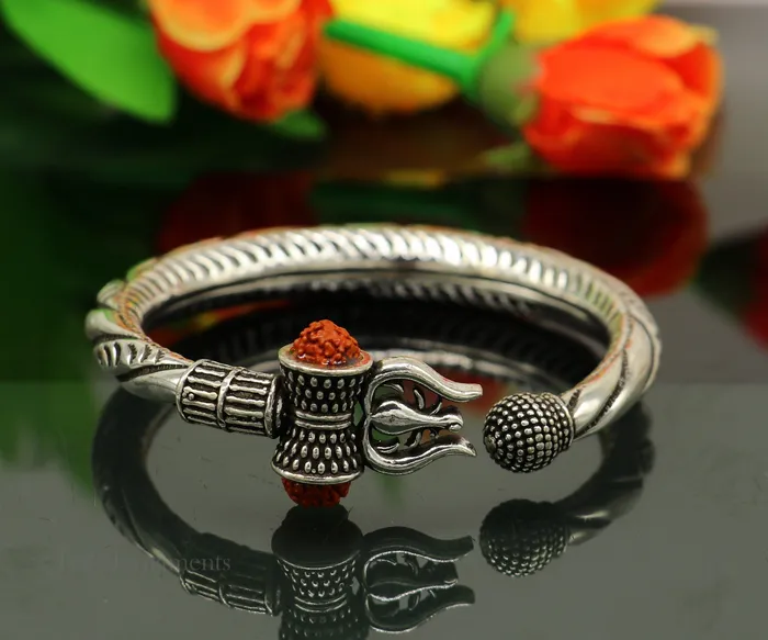 TRIBAL ORNAMENTS Bracelets 925 Sterling silver handmade chitai work Lord Shiva trident trishul kada bangle bracelet with natural Rudraksha customized kada nssk470