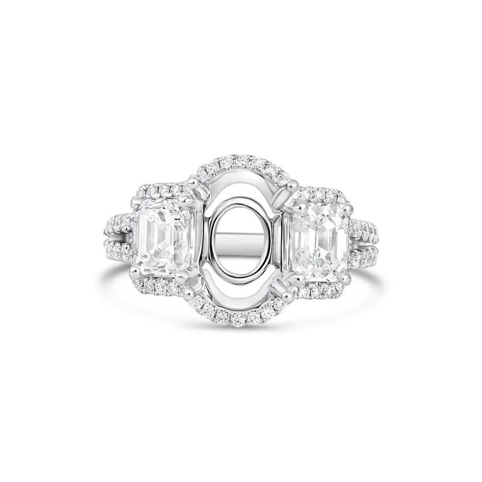 18K White Gold Wide Split Semi Mount Diamond Ring with Emerald Cut Diamonds and Oval Halo Head Engagement Collections Rings 18K White Gold Wide Split Semi Mount Diamond Ring with Emerald Cut Diamonds and Oval Halo Head Engagement Collections Rings