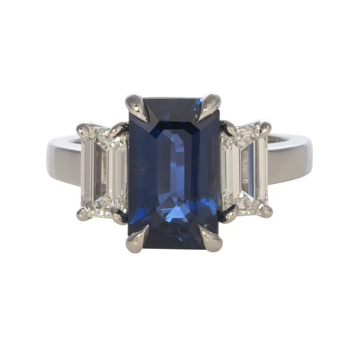 358ct EmeraldCut Sapphire Diamond ThreeStone Platinum Ring Croghans Rings 358ct EmeraldCut Sapphire Diamond ThreeStone Platinum Ring Croghans Rings
