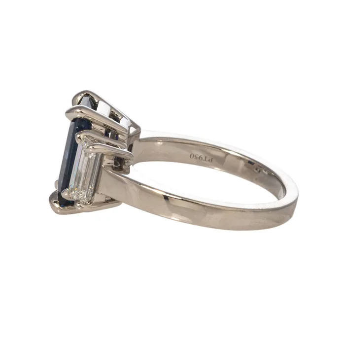 358ct EmeraldCut Sapphire Diamond ThreeStone Platinum Ring Croghans Rings
