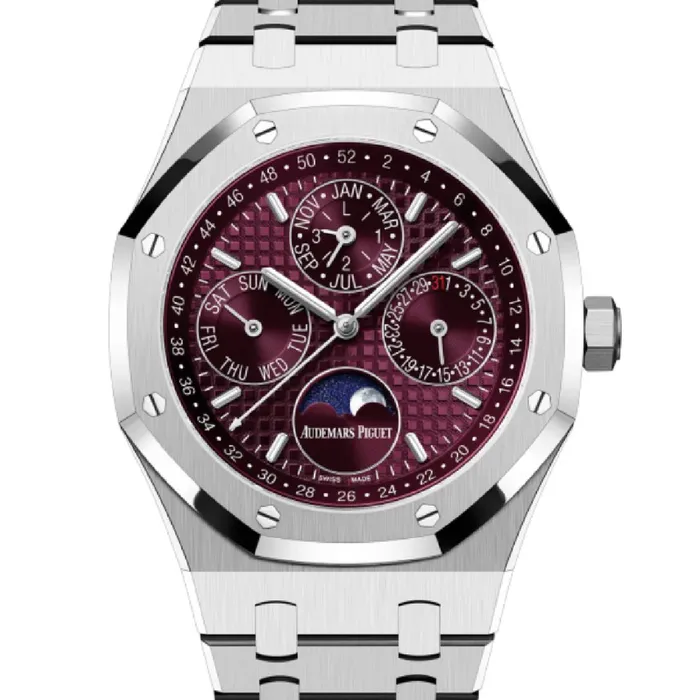 Audemars Piguet Bracelets Audemars Piguet Royal Oak Perpetual Calendar 41mm Mens Watch Ref 26574BCOO1220BC01 Burgundy Moonphase Dial 18K White Gold Bracelet