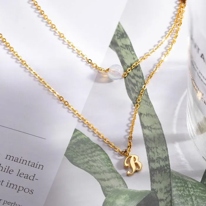 Belbren Custom Layered Initials and Tiny Moonstone Birthstone Necklace Personalized Jewelry for Women Elegant Rose Gold Gold or Silver Finish Necklaces