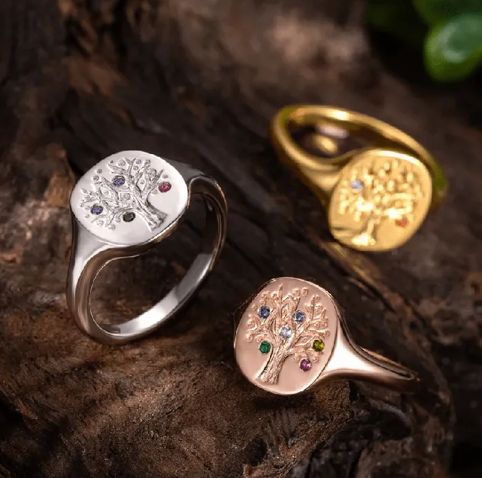 Belbren Necklaces Custom Birthstone Family Tree Signet Ring Tree of Life Gift for Mom Personalized Heritage Jewelry