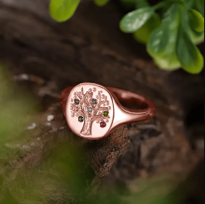 Belbren Necklaces Custom Birthstone Family Tree Signet Ring Tree of Life Gift for Mom Personalized Heritage Jewelry
