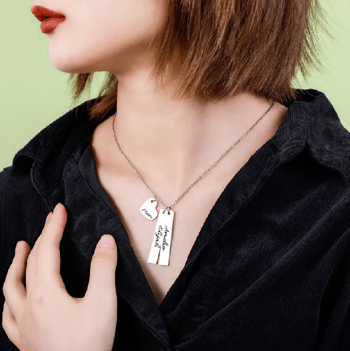 Belbren Necklaces Personalized Double Vertical Bar Name Necklace Custom Engraved Date Name and Initials Coordinates Name Heart Bar Family Necklace
