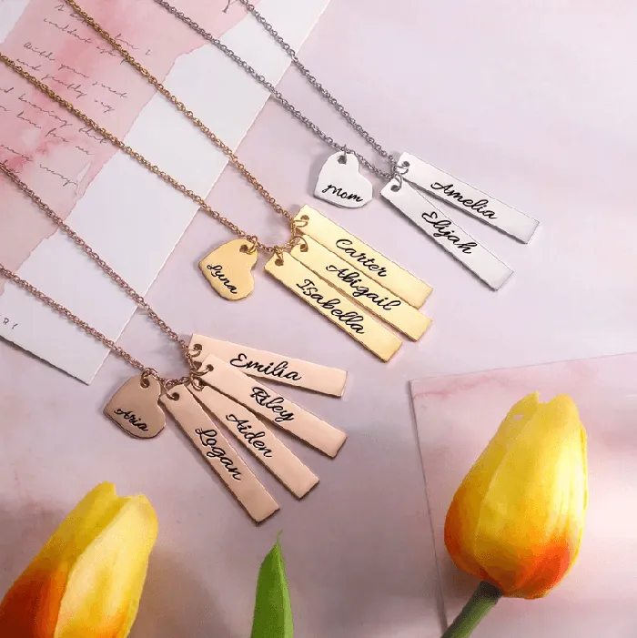 Belbren Necklaces Personalized Double Vertical Bar Name Necklace Custom Engraved Date Name and Initials Coordinates Name Heart Bar Family Necklace