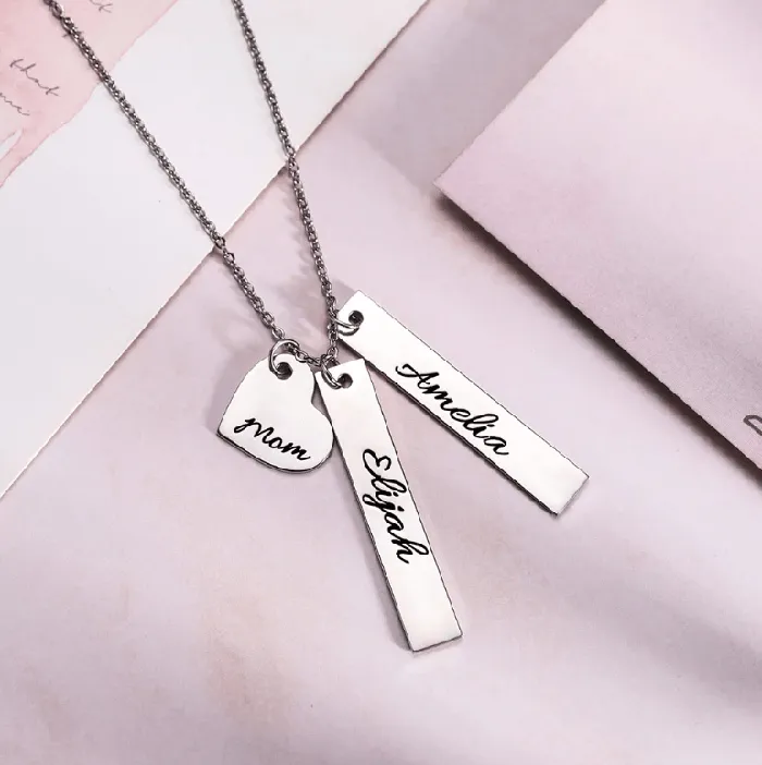 Belbren Necklaces Personalized Double Vertical Bar Name Necklace Custom Engraved Date Name and Initials Coordinates Name Heart Bar Family Necklace