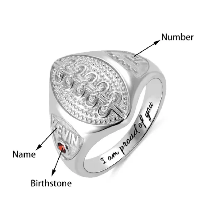 Belbren Rings Custom Football Championship Signet Ring 925 Sterling Silver Personalized Name Number Birthstone Sports Jewelry for Football Fans
