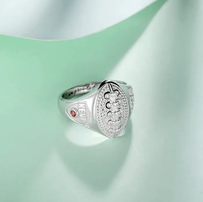 Belbren Rings Custom Football Championship Signet Ring 925 Sterling Silver Personalized Name Number Birthstone Sports Jewelry for Football Fans