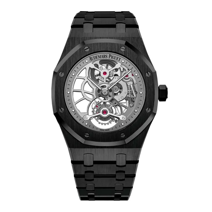 Bracelets Audemars Piguet Audemars Piguet Royal Oak Tourbillon ExtraThin Openworked 41mm Mens Watch Ref 26518STOO1220ST01PVD Grey Skeleton Dial Black PVD Stainless Steel Bracelet