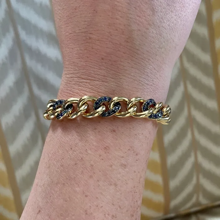 Bracelets Croghans Pav Sapphire 18K Yellow Gold Curb Link Bracelet