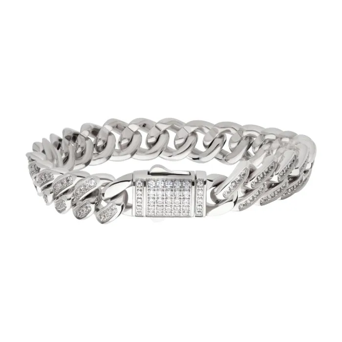 Bracelets Inox Inox Stainless Steel 12mm Miami Cuban Chain Bracelet with CZ