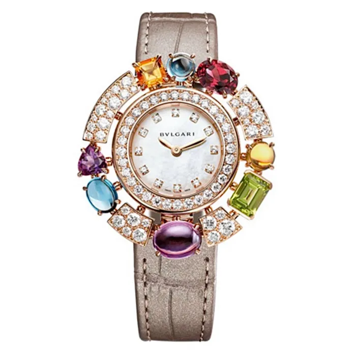 Bulgari Watches Bulgari Allegra 36mm Watch Ref 103493 MOP Diamond Index Dial in 18K Rose Gold Case Gemstone Diamond Bezel Brown Alligator Leather Bulgari Watches Bulgari Allegra 36mm Watch Ref 103493 MOP Diamond Index Dial in 18K Rose Gold Case Gemstone Diamond Bezel Brown Alligator Leather