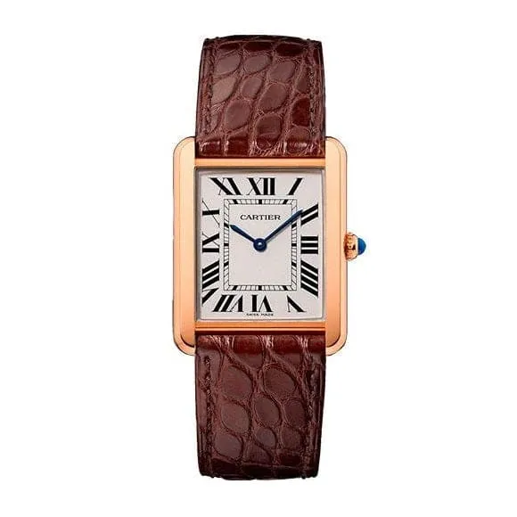 Cartier Cartier Tank Solo 348mm Watch Ref W5200025 Silver Roman Dial in 18K Rose Gold Case Brown Alligator Strap Earrings Cartier Cartier Tank Solo 348mm Watch Ref W5200025 Silver Roman Dial in 18K Rose Gold Case Brown Alligator Strap Earrings