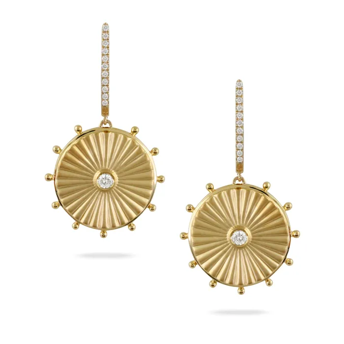 Croghans Earrings Diamond 18K Yellow Gold Satin Finish Disc Drop Earrings