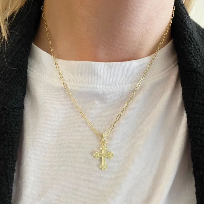Croghans Necklaces Diamond 14K Gold Cross Pendant Paperclip Chain Necklace