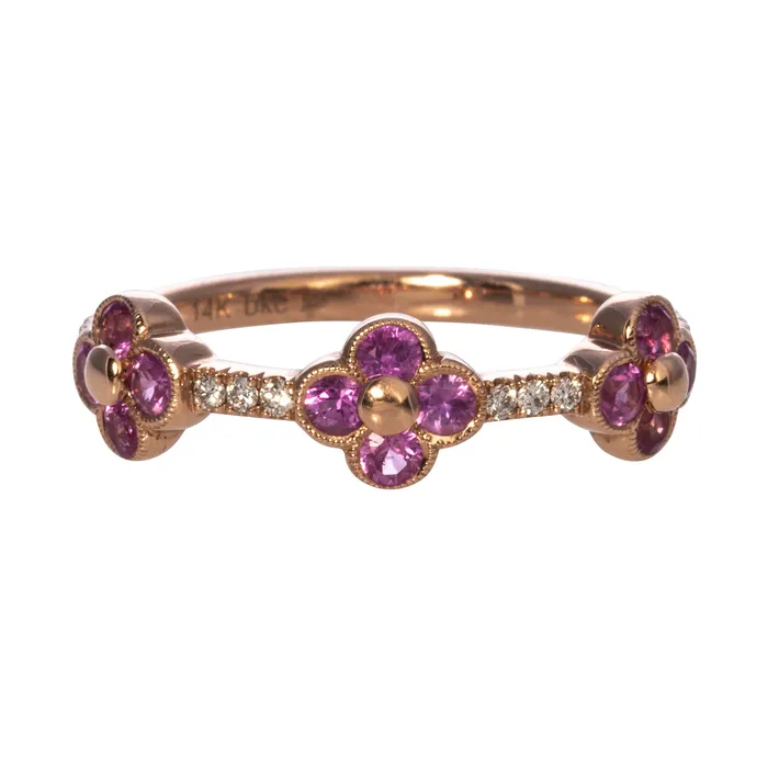 Croghans Pink Sapphire Diamond Clover 14K Rose Gold Halfway Band Rings