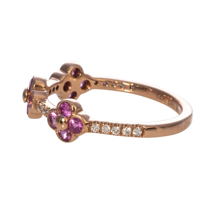 Croghans Pink Sapphire Diamond Clover 14K Rose Gold Halfway Band Rings