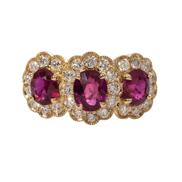 Croghans Three Stone Oval Ruby Diamond Halo 14K Yellow Gold Ring Rings