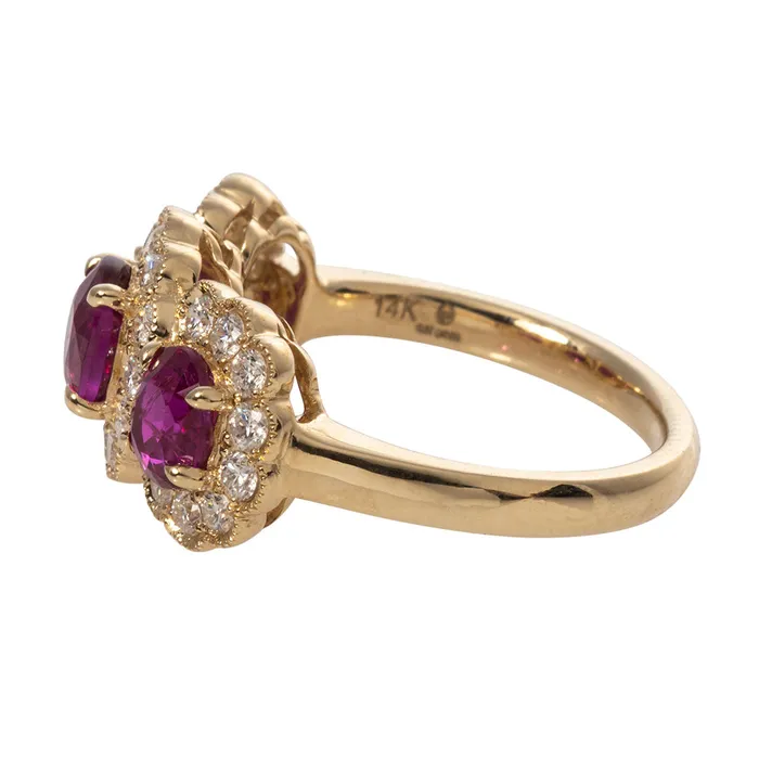 Croghans Three Stone Oval Ruby Diamond Halo 14K Yellow Gold Ring Rings