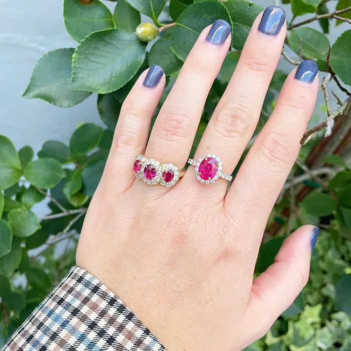 Croghans Three Stone Oval Ruby Diamond Halo 14K Yellow Gold Ring Rings