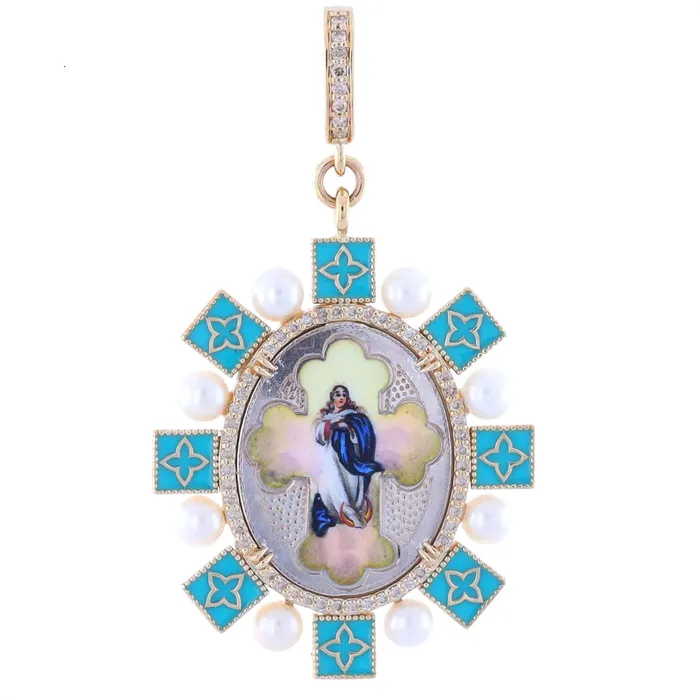 Cynthia Ann 14K Yellow Gold Antique German Hand Painted Virgin Mary Pendant with Pearls and Diamonds Cynthia Ann Necklaces Cynthia Ann 14K Yellow Gold Antique German Hand Painted Virgin Mary Pendant with Pearls and Diamonds Cynthia Ann Necklaces