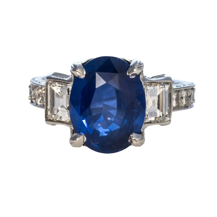 Estate 5ct Oval Sapphire Baguette Round Diamond Platinum Ring Croghans Rings Estate 5ct Oval Sapphire Baguette Round Diamond Platinum Ring Croghans Rings