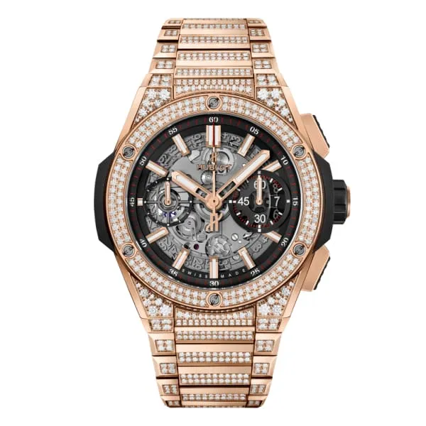Hublot Big Bang Integrated King Gold Pave 42mm Watch Ref 451OX1180OX3704 Skeleton Dial Diamond Bezel in 18K Rose Gold Diamond Bracelet Hublot Bracelets Hublot Big Bang Integrated King Gold Pave 42mm Watch Ref 451OX1180OX3704 Skeleton Dial Diamond Bezel in 18K Rose Gold Diamond Bracelet Hublot Bracelets