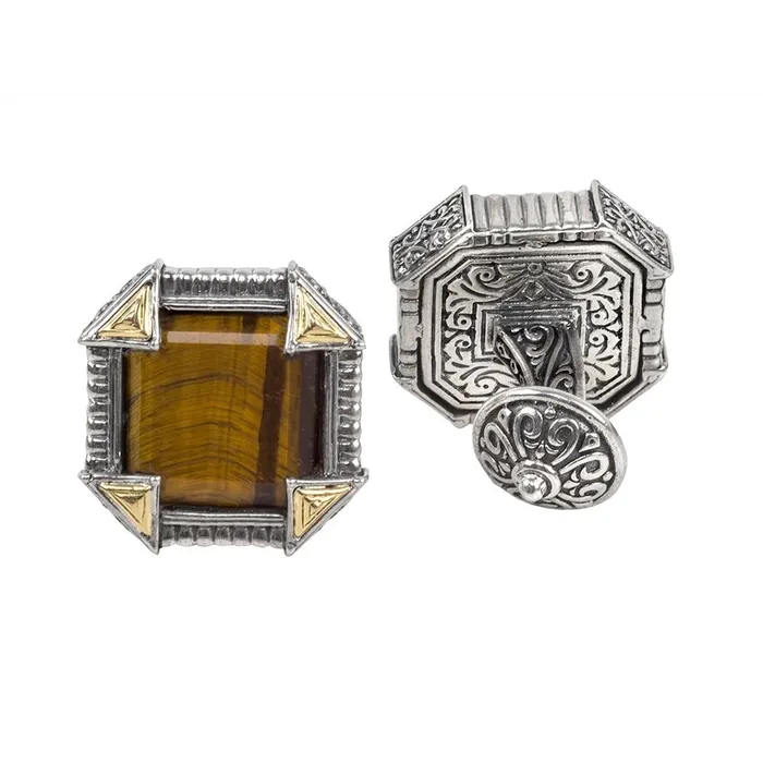 Konstantino Konstantino Mens Sparta Silver and 18K Gold Tigers Eye Cufflinks PreStyled Sets Konstantino Konstantino Mens Sparta Silver and 18K Gold Tigers Eye Cufflinks PreStyled Sets