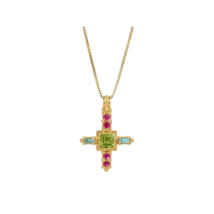 Konstantino PreStyled Sets Konstantino Alexandria 18K Yellow Gold Cross Pendant with Peridot Ruby and Swiss Blue Topaz Konstantino PreStyled Sets Konstantino Alexandria 18K Yellow Gold Cross Pendant with Peridot Ruby and Swiss Blue Topaz