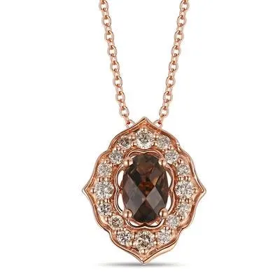 Le Vian Necklaces Le Vian 14K Strawberry Gold Oval Chocolat Quartz Pendant Necklace with Nude Diamond Halo