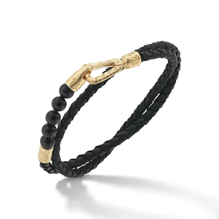 Marco Dal Maso Bracelets Marco Dal Maso Lash 18K Yellow Gold Vermeil over Sterling Silver and Black Woven Leather Bracelet with Black Onyx Beads Marco Dal Maso Bracelets Marco Dal Maso Lash 18K Yellow Gold Vermeil over Sterling Silver and Black Woven Leather Bracelet with Black Onyx Beads