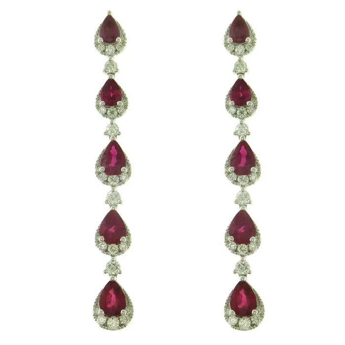 Meierotto Jewelers Earrings 18K White Gold Pear Ruby and Round Diamond Dangle Earrings Meierotto Jewelers Earrings 18K White Gold Pear Ruby and Round Diamond Dangle Earrings
