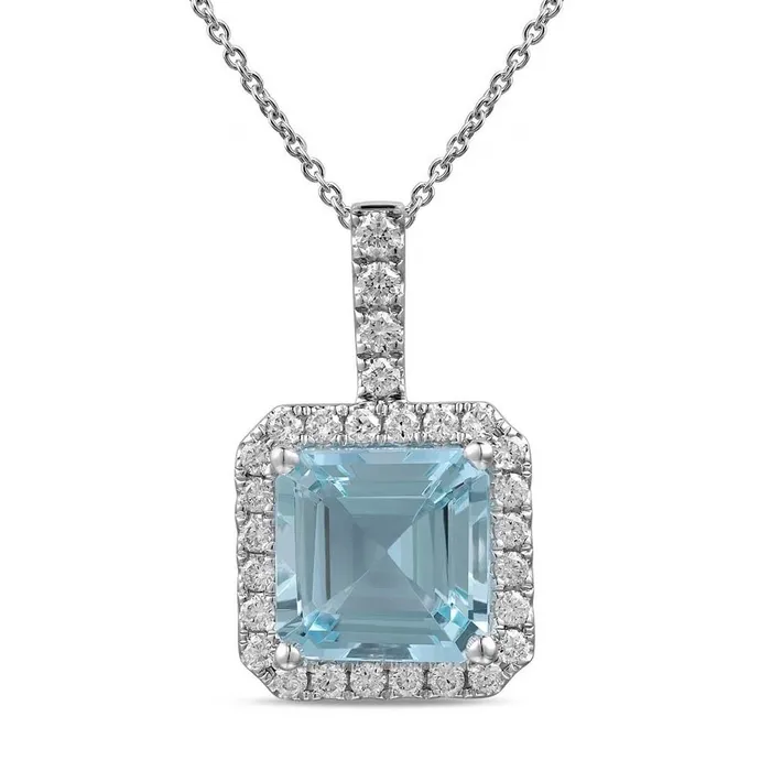 Meierotto Jewelers Necklaces 18K White Gold Asscher Cut Aquamarine with Diamond Halo Pendant Meierotto Jewelers Necklaces 18K White Gold Asscher Cut Aquamarine with Diamond Halo Pendant