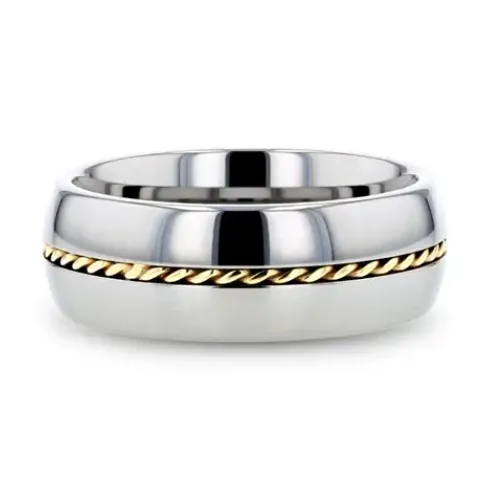 Mens Bands Rings Domed Tungsten 8mm Band with 14K Yellow Gold Braided Inlay