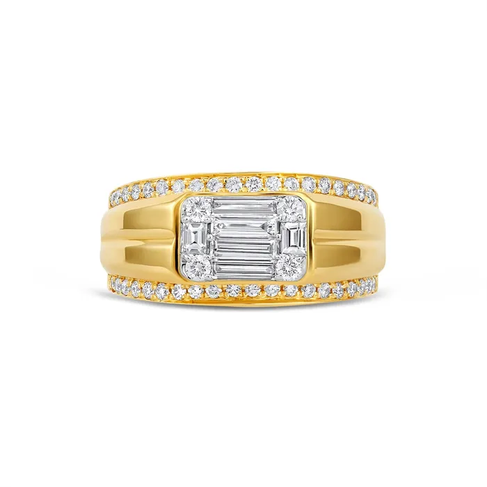 Mens Bands Rings Gents 18K Yellow Gold Cluster Baguette and Round Diamond Band Mens Bands Rings Gents 18K Yellow Gold Cluster Baguette and Round Diamond Band