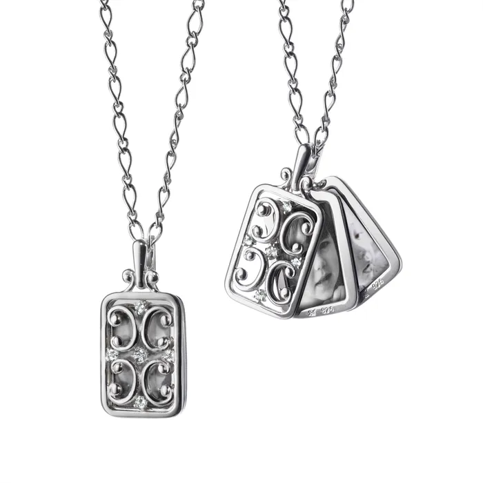 Monica Rich Kosann Sterling Silver Rectangular Gate Frame Pendant with White Sapphires and Two Image Cases on Figaro Chain Monica Rich Kosann Necklaces