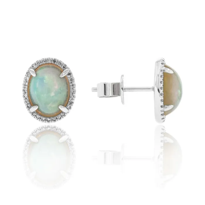 Oval Opal Diamond Halo 14K White Gold Earrings Croghans Earrings
