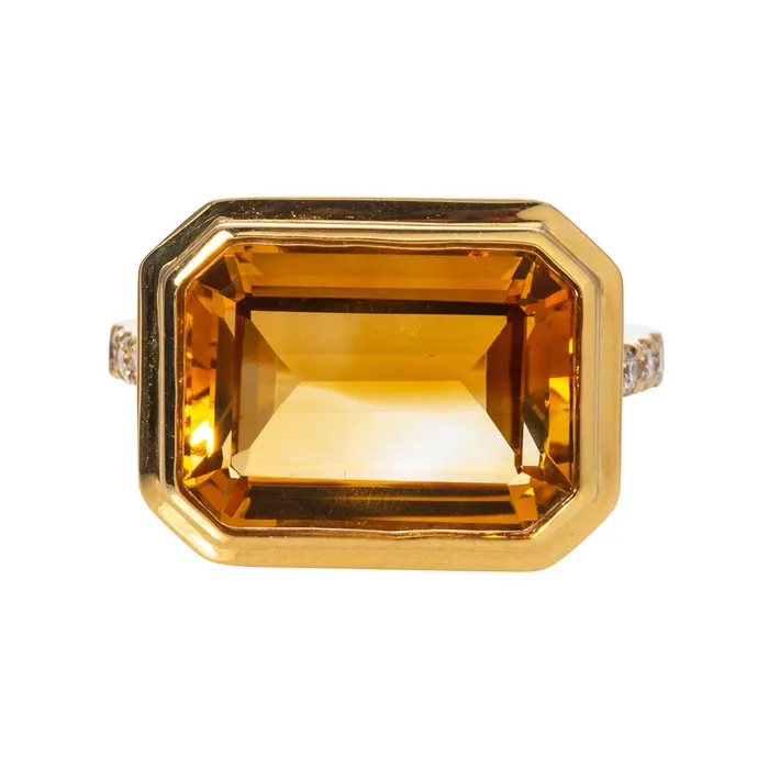 Rings Croghans EmeraldCut Citrine Pav Diamond 18K Gold Ring