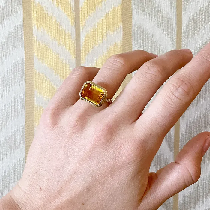 Rings Croghans EmeraldCut Citrine Pav Diamond 18K Gold Ring