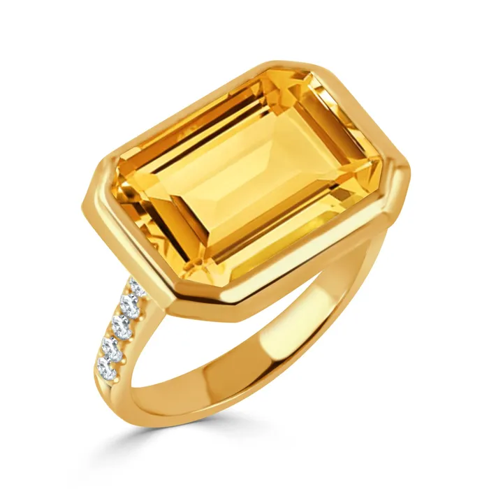 Rings Croghans EmeraldCut Citrine Pav Diamond 18K Gold Ring