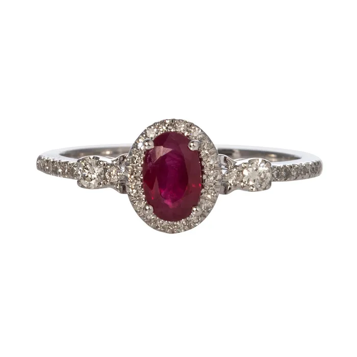 Rings Croghans Oval Ruby Diamond Halo 14K White Gold Ring