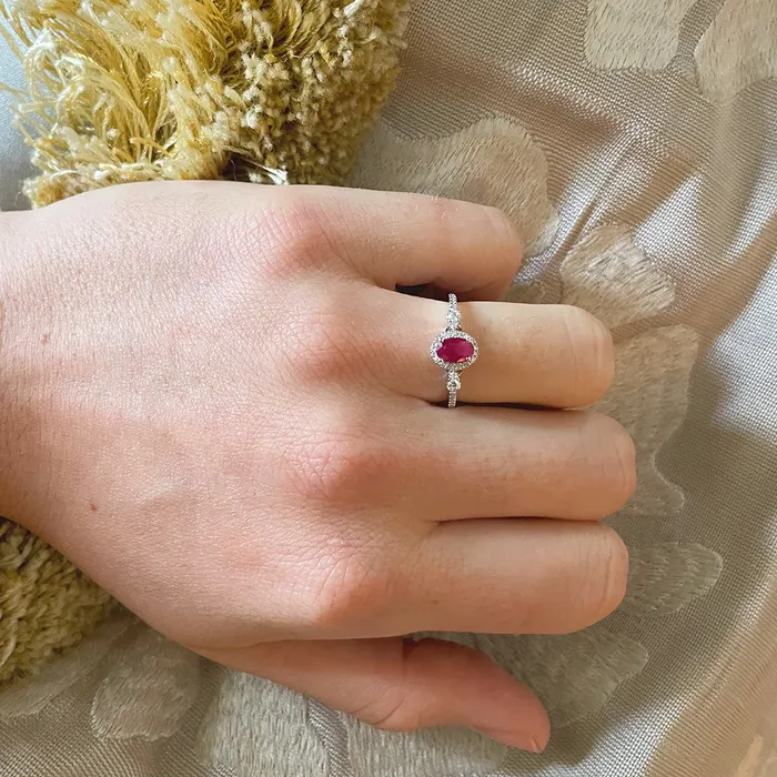 Rings Croghans Oval Ruby Diamond Halo 14K White Gold Ring