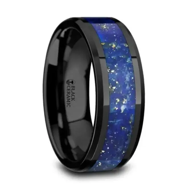 Rings Mens Bands Black Ceramic 8mm Band with Blue Lapis Inlay