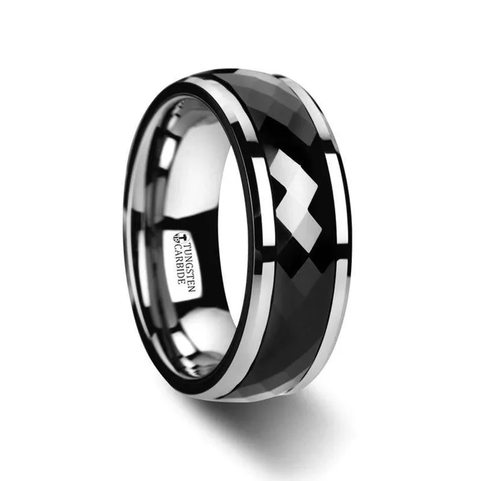 Rings Mens Bands Polished Diamond Faceted Black Ceramic Spinner Ring with Beveled Edges Rings Mens Bands Polished Diamond Faceted Black Ceramic Spinner Ring with Beveled Edges