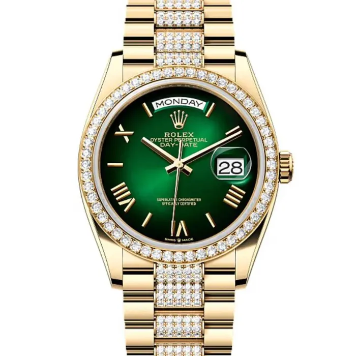 Rolex Bracelets 2024 Release Rolex DayDate 36mm Ref 128348rbr0069 Green Ombre Dial Diamond Bezel 18K Yellow Gold diamond Presidential Bracelet Watch