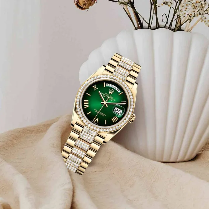 Rolex Bracelets 2024 Release Rolex DayDate 36mm Ref 128348rbr0069 Green Ombre Dial Diamond Bezel 18K Yellow Gold diamond Presidential Bracelet Watch